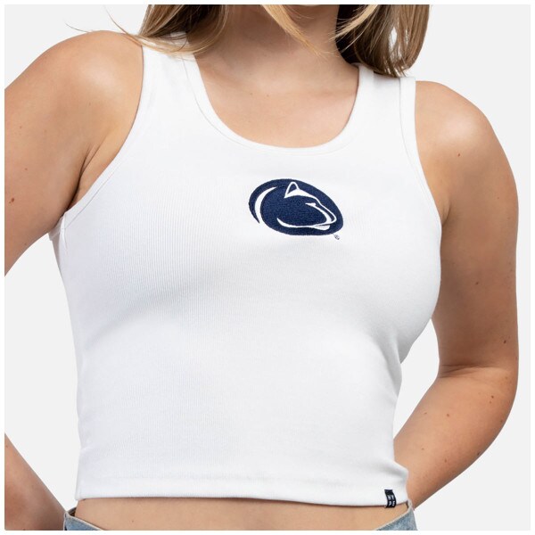 model wearing white women's tank top with Penn State Athletic Logo